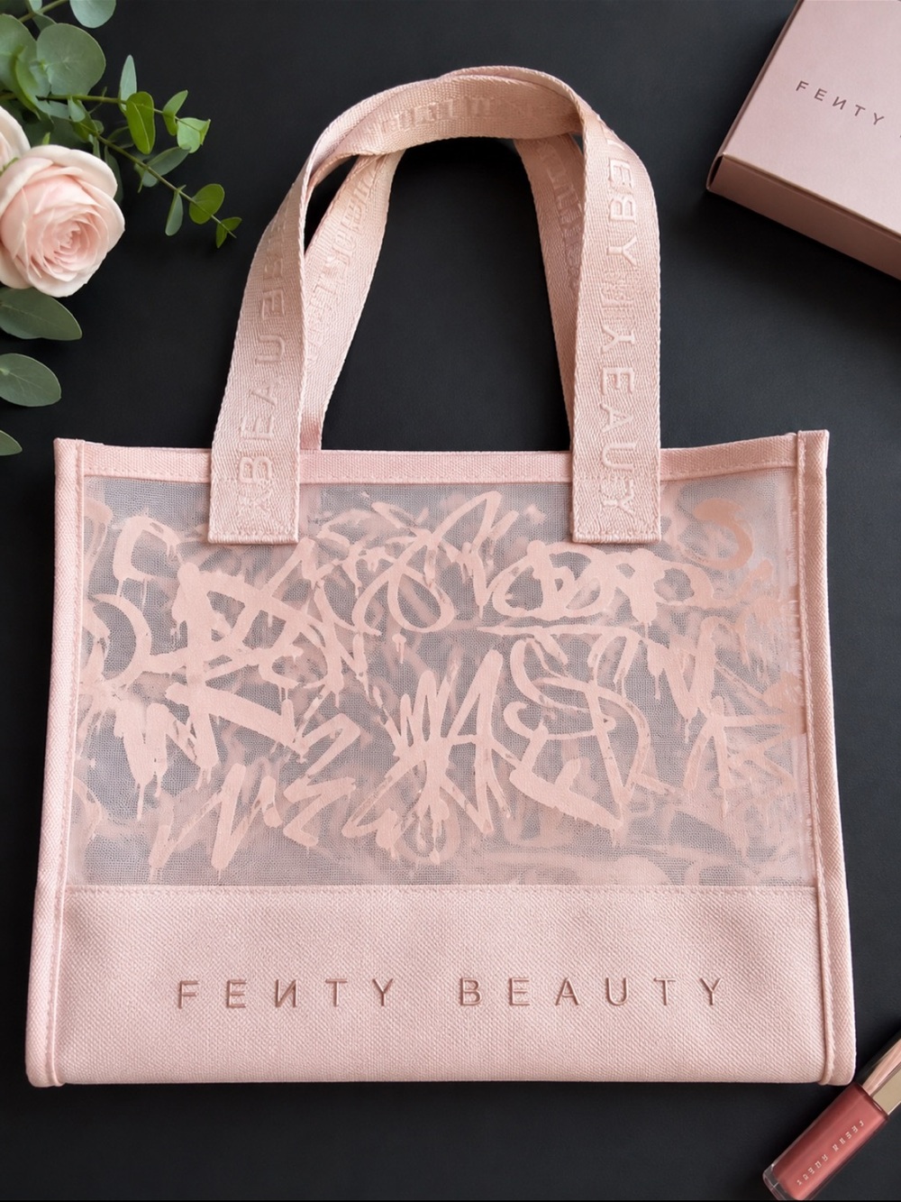 Fenty Beauty Pink Mesh Tote Bag Graffiti Logo Cosmetic Travel Beach Bag